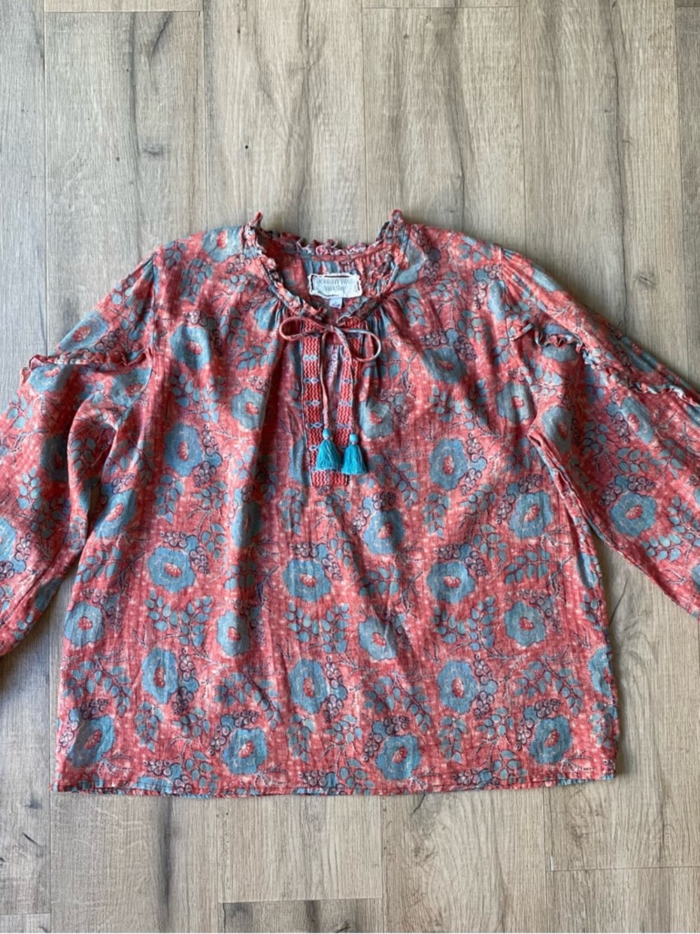 Johnny Was Coral and Teal Floral Tie-Front Peasant Blouse Sz S